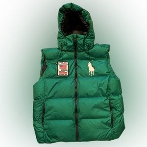 Polo Ralph Lauren Down Puffer Vest Removable Hood Downhill Alpine Ski XL Green
